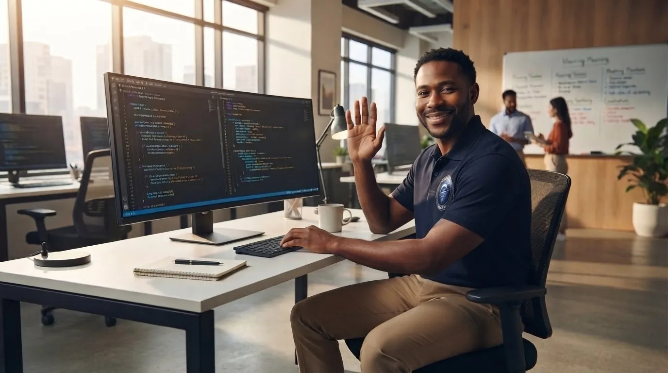 Darius Vale at his workstation