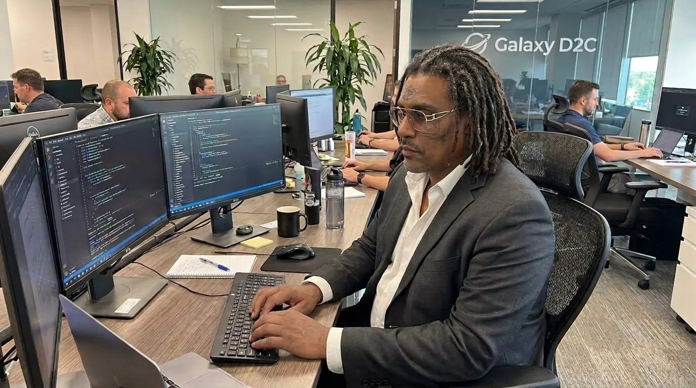 A Galaxy D2C engineer writing code at a multi-monitor workstation in the Galaxy D2C office