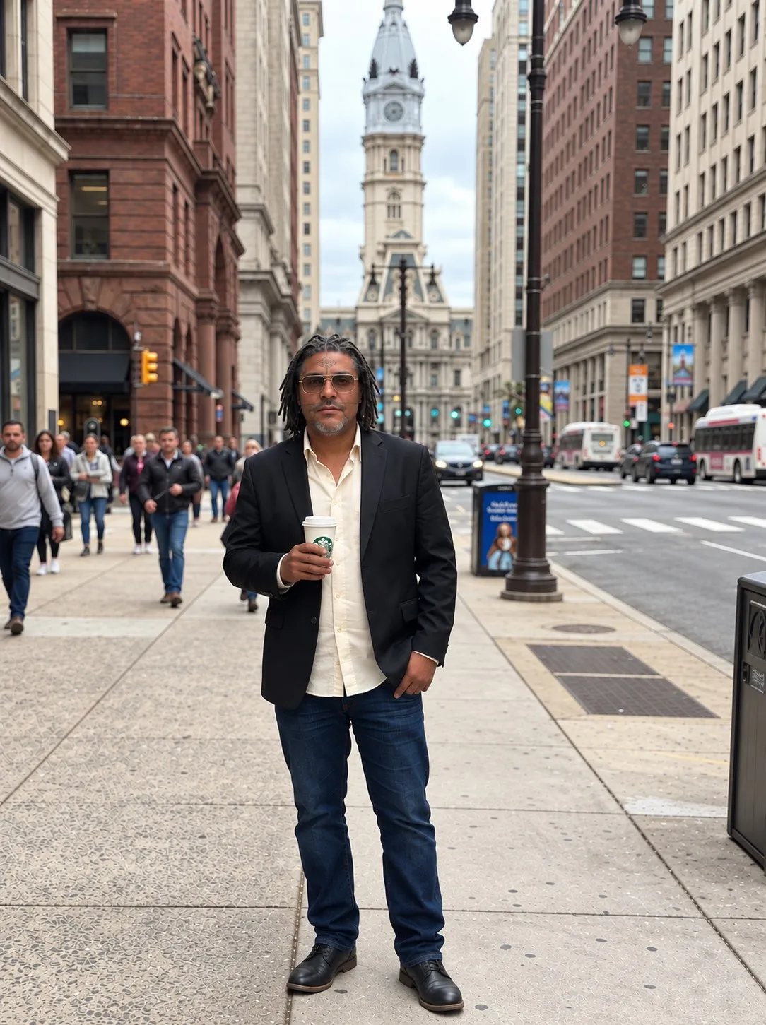 Sylvester A. Sessoms Jr. on a Philadelphia street with City Hall behind him